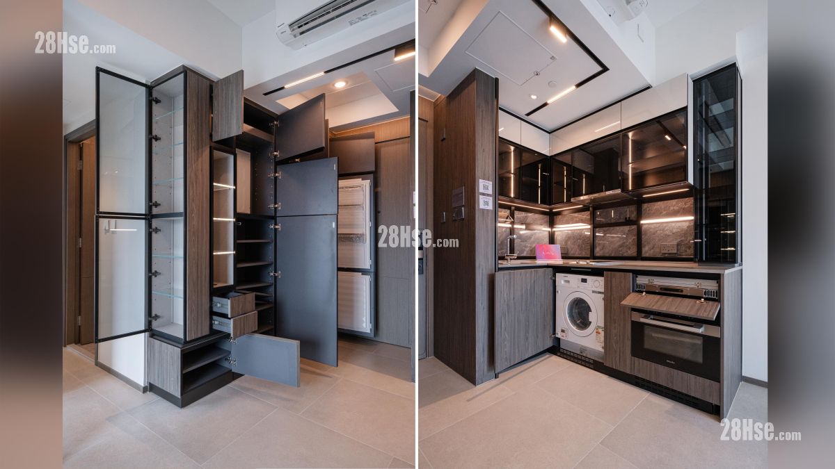 天璽天 2期 示範單位 飯廳旁邊設有收納空間 (圖左), 開放式廚房部分 (圖右)