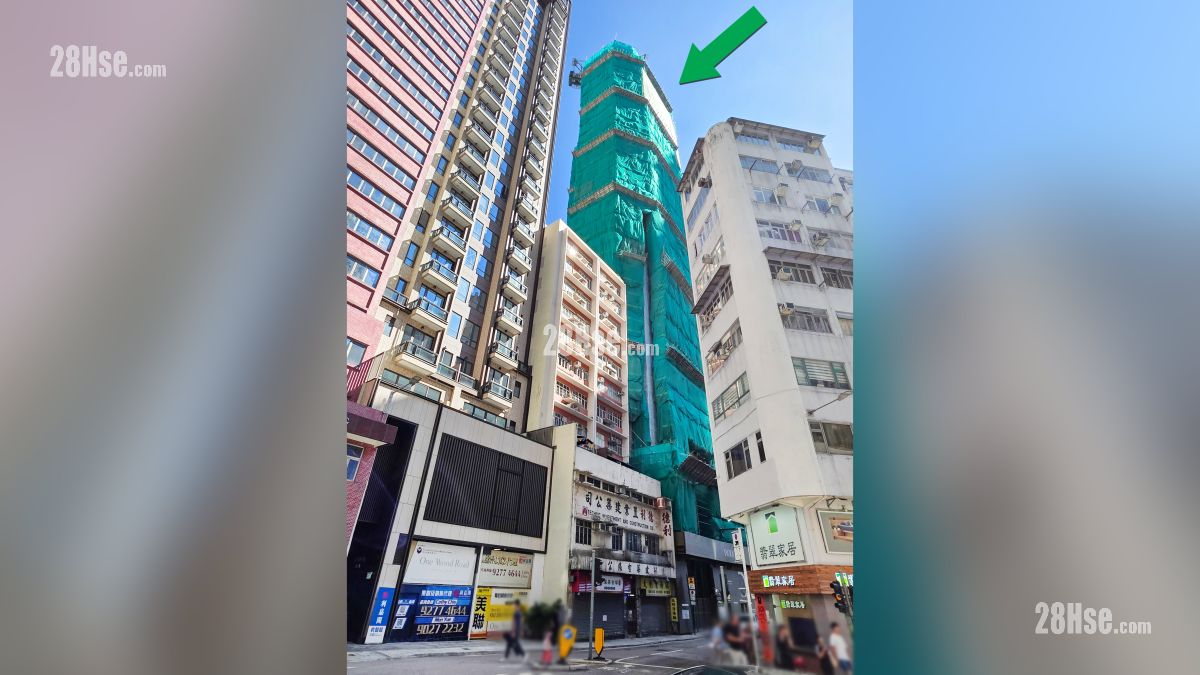 Woodis 周邊大廈 項目 (綠色箭嘴部分) 附近有較多單幢式大廈 (從灣仔道觀看 )