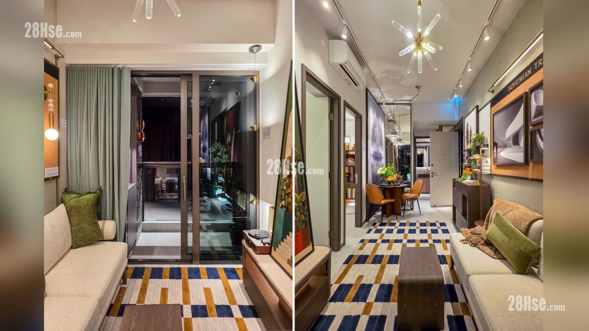 瑧爾 示範單位 客廳部分 (圖左), 從露台部分觀看 (圖右)