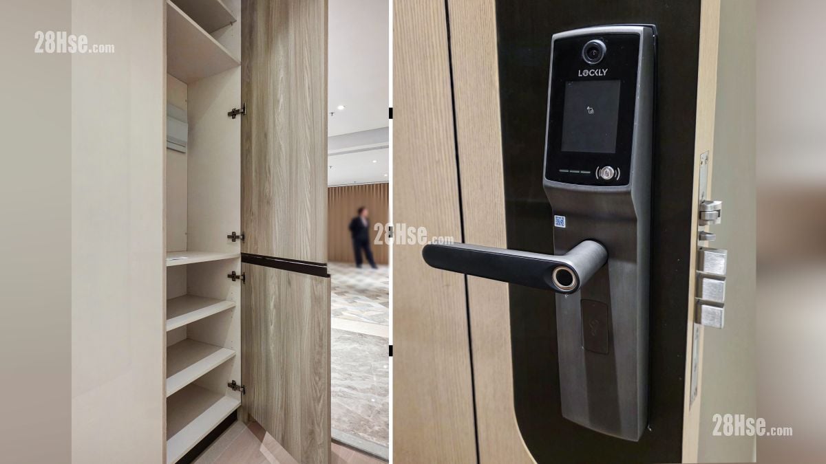 海瑅灣 I 示範單位 入口部分設有收纳空間 (圖左), 大門部分採用 LOCKLY 電子門鎖 (圖右)