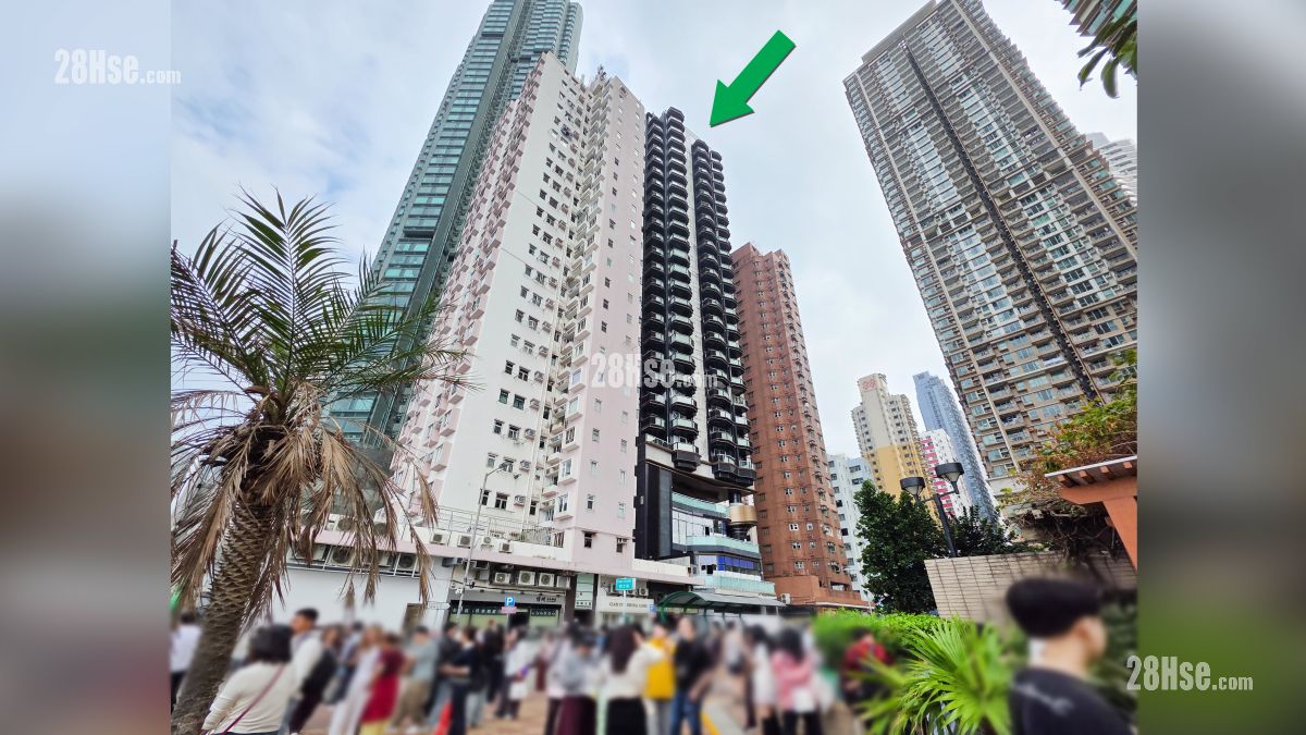 海嵎 周邊大廈 從吉席街花園觀看,項目 (綠色箭嘴部分) 旁邊有單幢式大廈