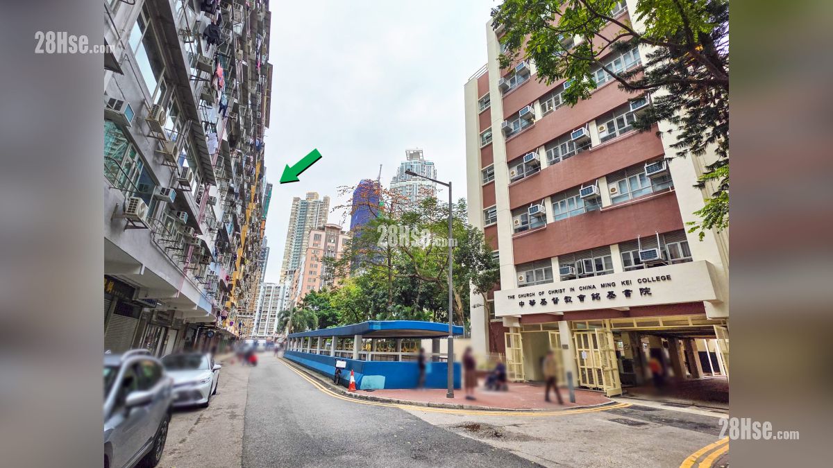 映居 附近設施 中華基督教會銘基書院, 位於橡樹街, 距離(綠色箭嘴部分) 項目約 220 米