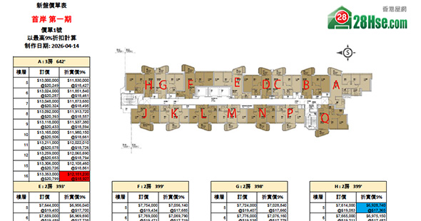 首岸 第一期 单位订价图 更新日期: 2026-04-14