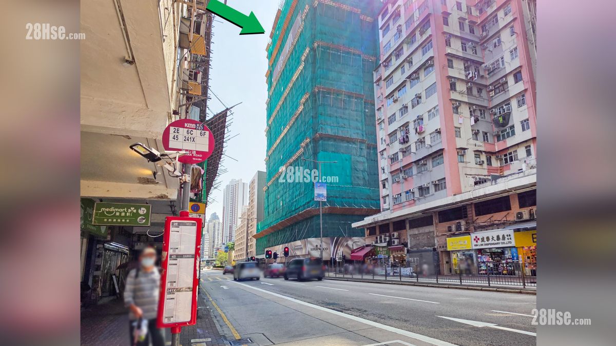 壹沐 2期 交通配套 項目 (綠色箭嘴部分) 外的土瓜灣道設有九巴巴士站 (2E,6C,6F,45,241X)